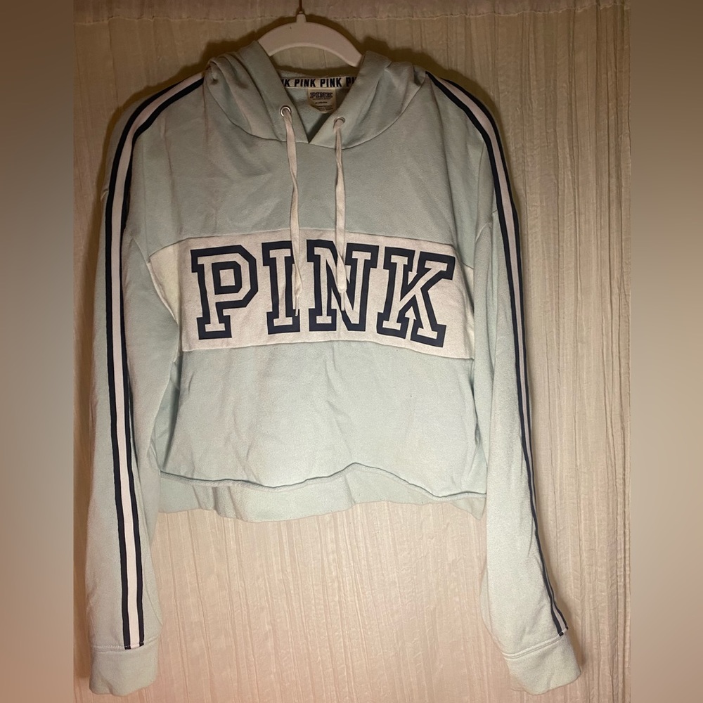 Victoria Secret PINK crop hoodie in light blue with white stripes, size Medium